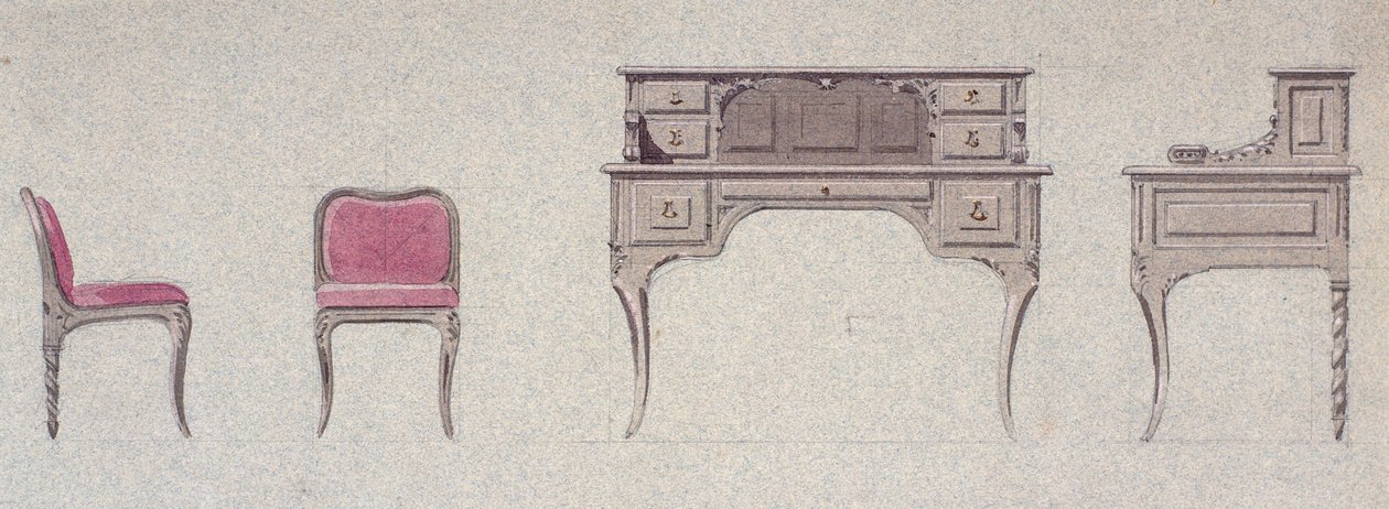 Stoel met lage rugleuning en schrijftafel voor de Gouden Kamer door Eugene Emmanuel Viollet le Duc