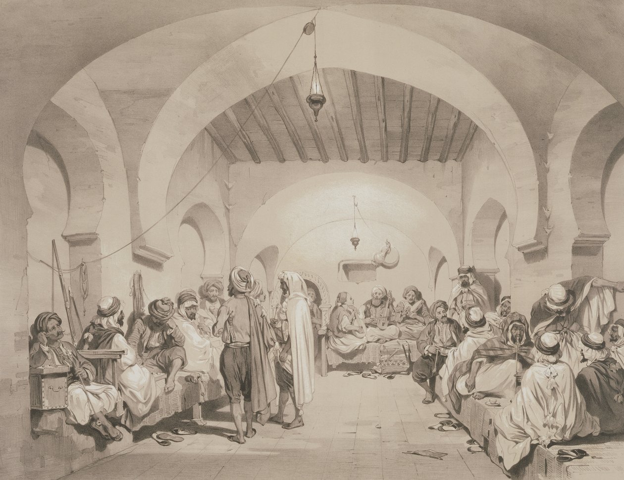 Cafe du Divan, Algiers, uit een volume ter herdenking van het Franse expeditieleger dat Algiers in 1830 veroverde, gegraveerd door Adolphe Jean-Baptiste Bayot door Eugene Flandin