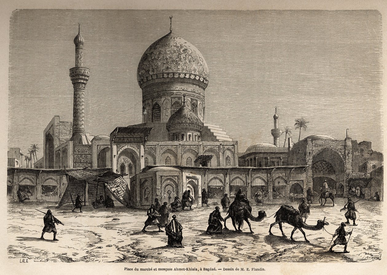 Het Marche-plein en de Ahmet Khiaia-moskee in Bagdad, tekening door Eugene Flandin (1809-1876), ter illustratie van zijn reis naar Mesopotamië in 1840-1842. Gravure in "Le tour du monde" 1861. Selva