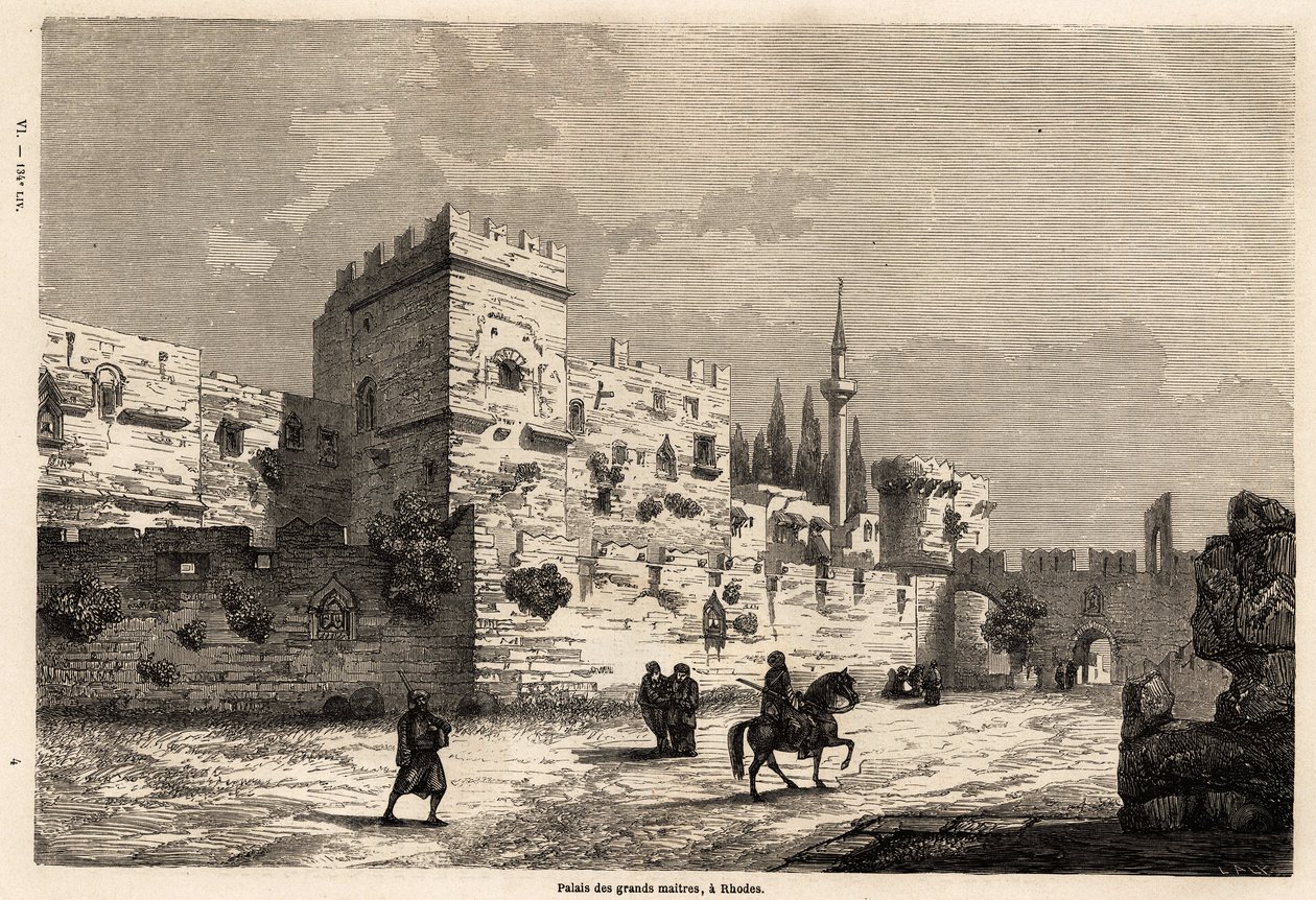 Het paleis van de grote meesters in Rhodos, tekening door Eugene Flandin, ter illustratie van zijn reis naar het eiland Rhodos in 1844. Gravure in "Le tour du monde", uitgegeven door Edouard Charton door Eugene Flandin