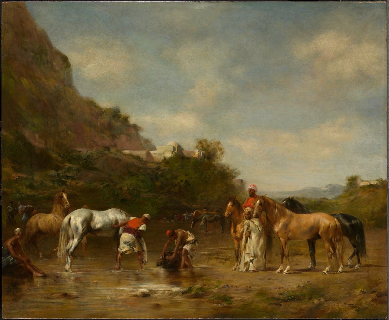 Arabieren die hun paarden drenken door Eugène Fromentin