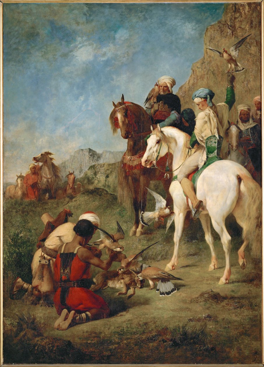 Valkenjacht in Algiers (olieverf op doek) door Eugene Fromentin