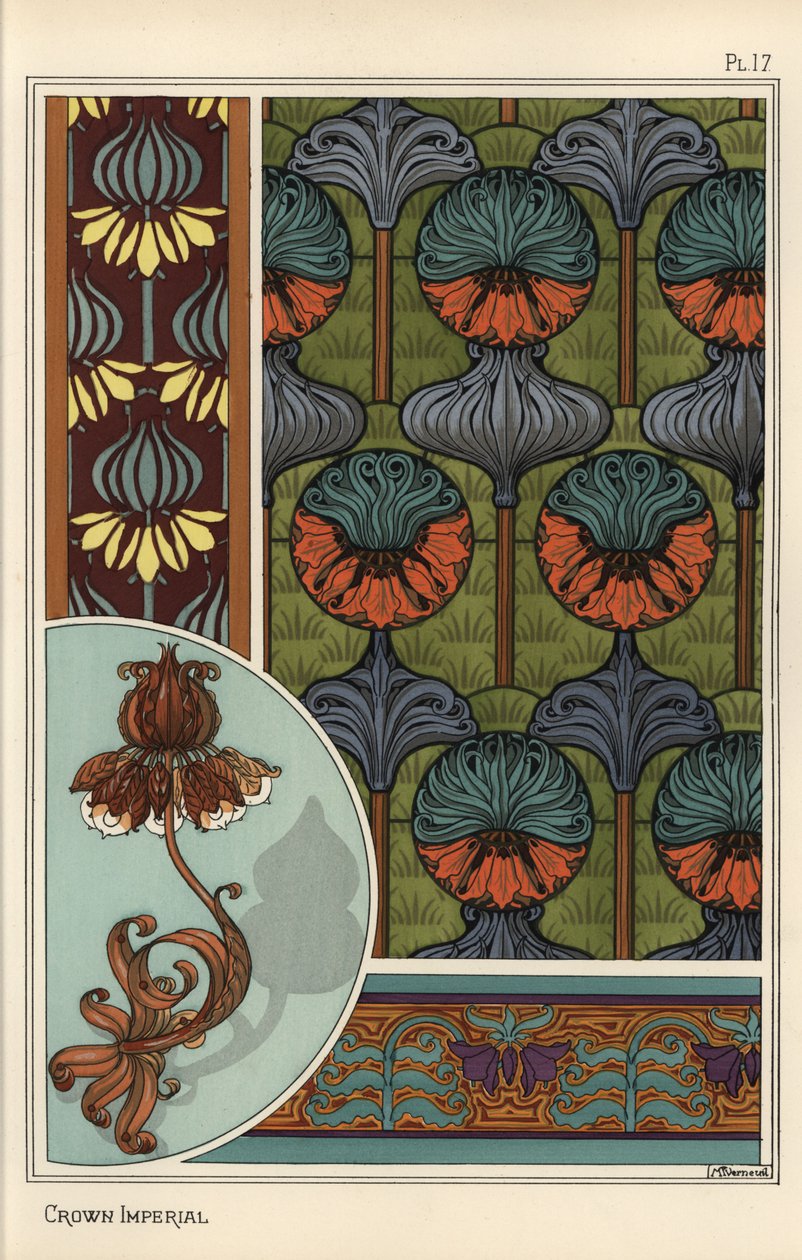 Keizerskroon, Fritillaria imperialis, in behang- en stofpatronen, en als ontwerp voor een smeedijzeren lamp door Eugene Grasset