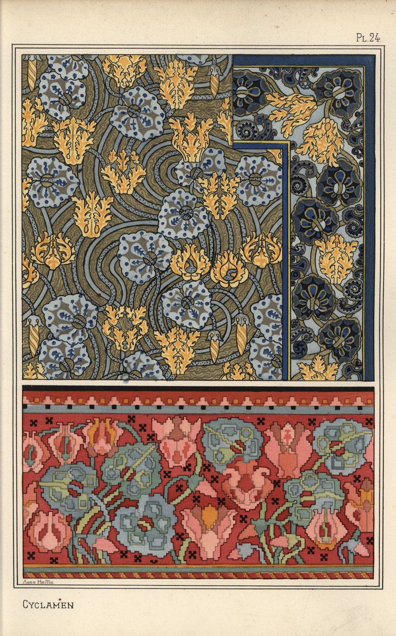 Cyclamen persicum plant als motief in ontwerpen voor wandtapijt, stof en behang. Lithografie door Anna Martin door Eugene Grasset