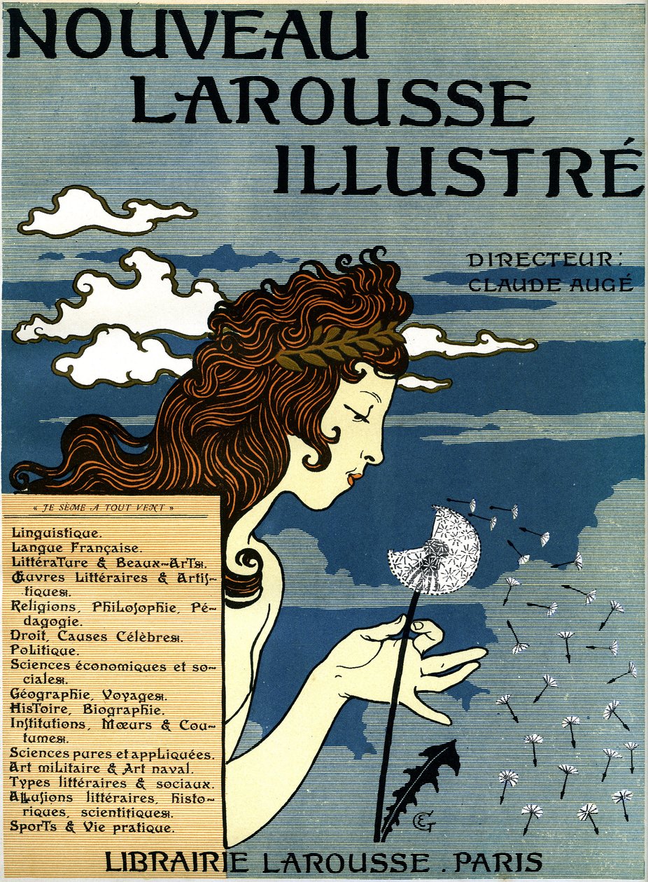 Eerste pagina van Nouveau Larousse geïllustreerd (woordenboek in zeven delen gepubliceerd tussen 1897 en 1904) door Eugene Grasset