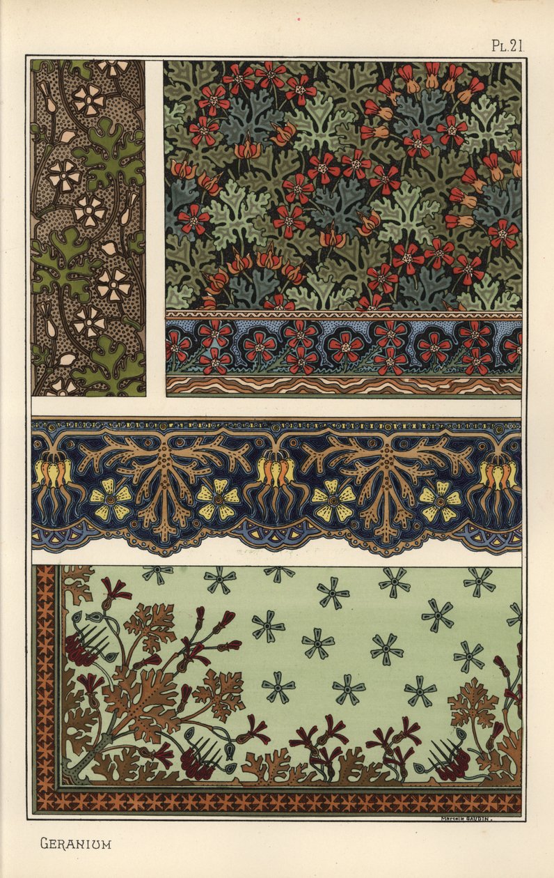 Geraniummotief in behang, rand- en stofpatronen door Eugene Grasset