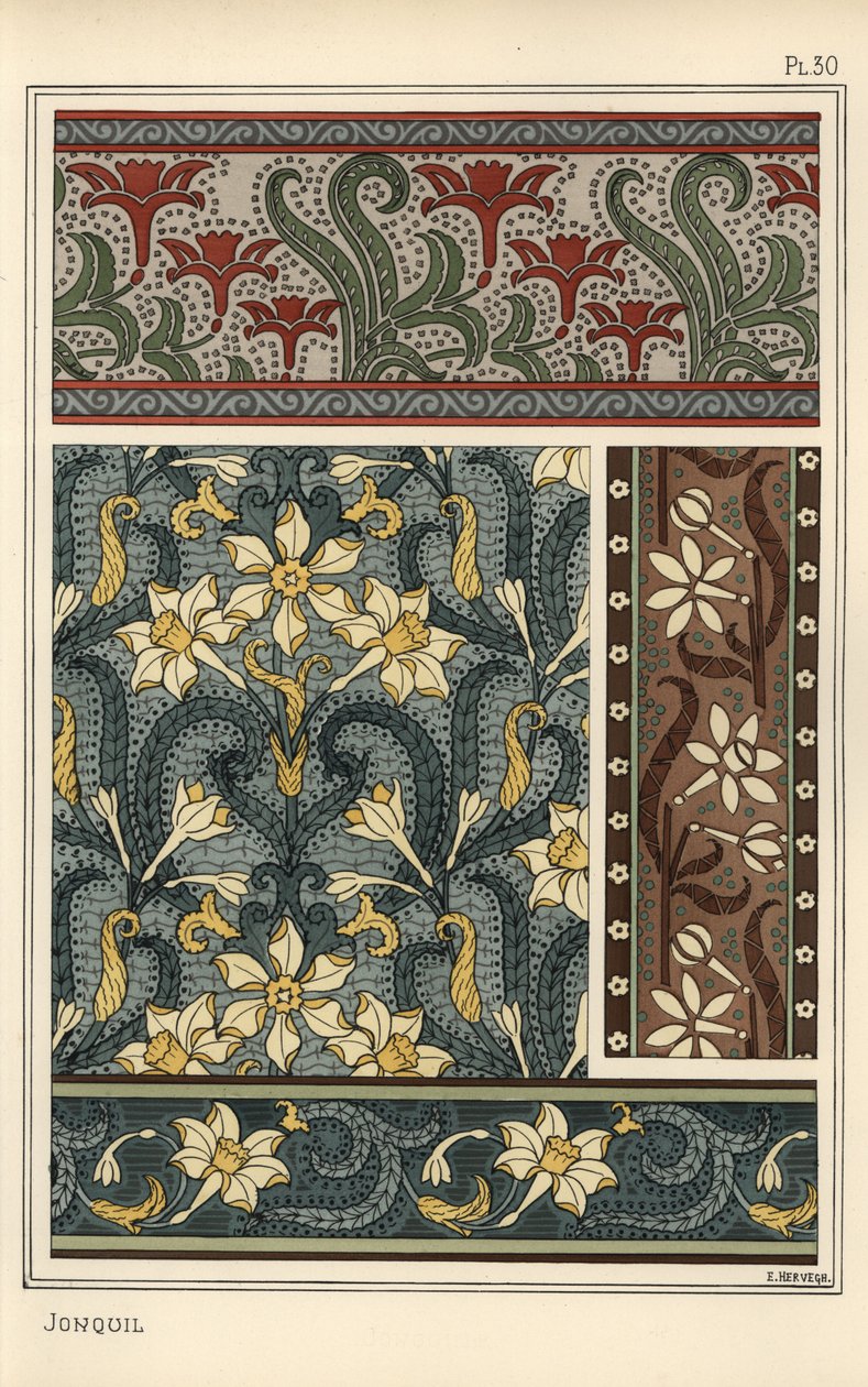 Narcis, Narcissus jonquilla, als ontwerp motief in behang en stofpatronen door Eugene Grasset