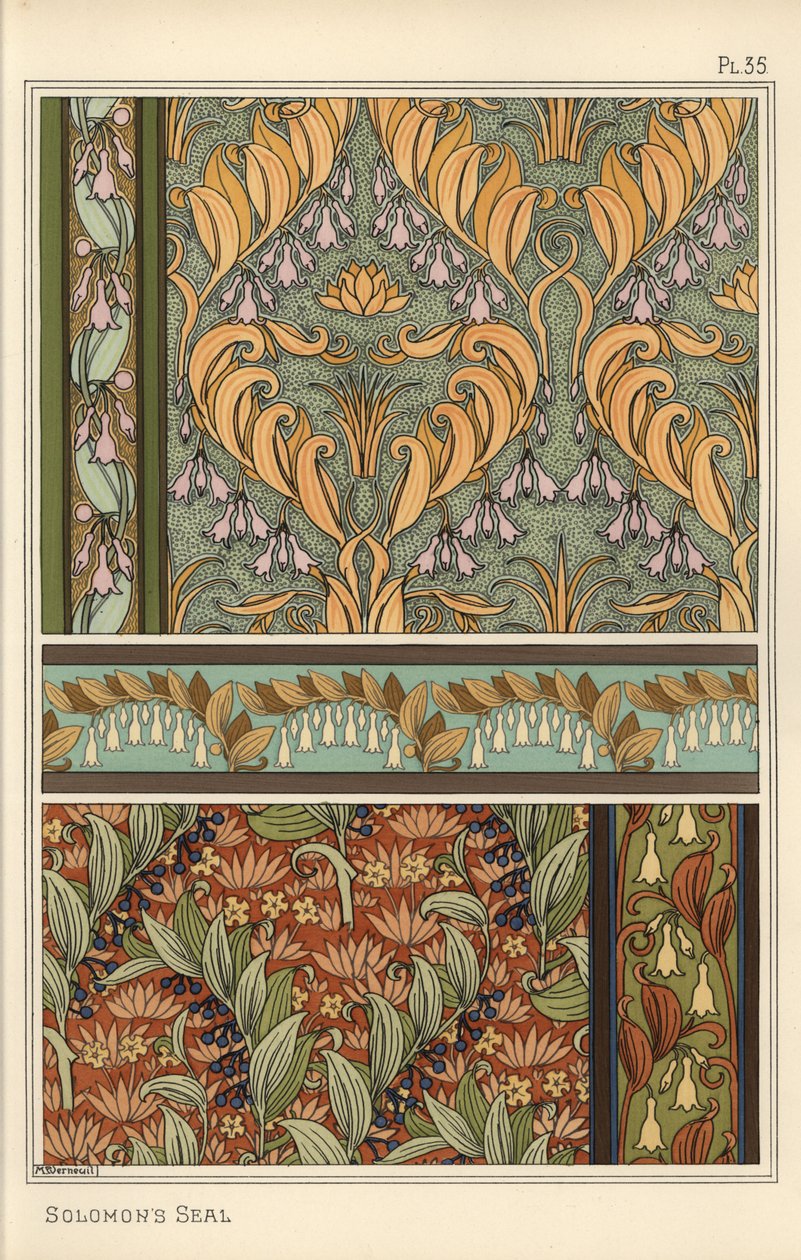 Salomonszegel, Polygonatum multiflorum, als ontwerp motief in behang, randen en stof door Eugene Grasset