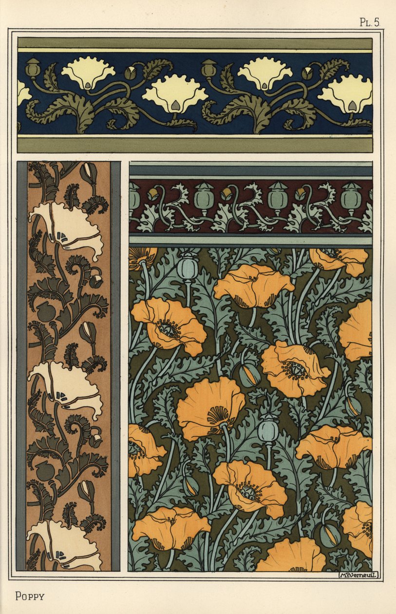 De papaver, Papaver somniferum, in behang- en stofpatronen door Eugene Grasset