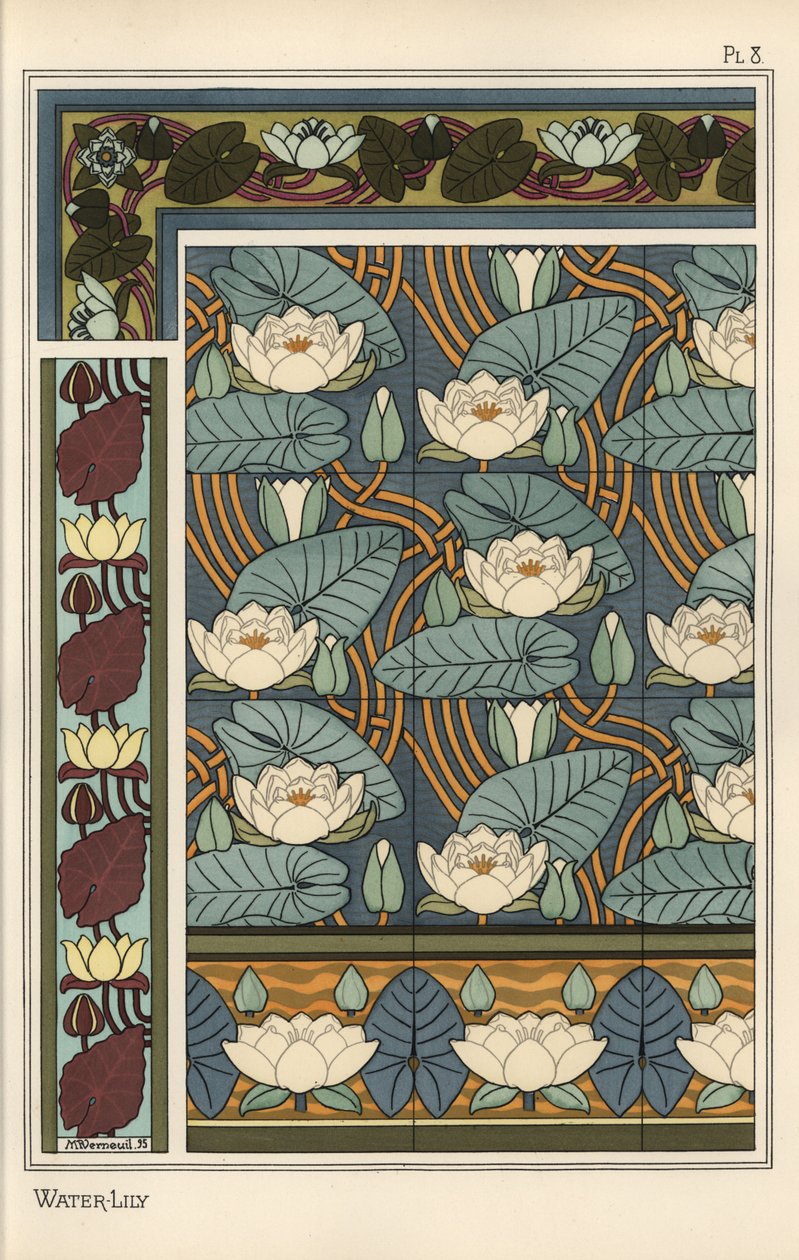 De waterlelie, Nelumbo lutea, in behang- en tegelpatronen door Eugene Grasset