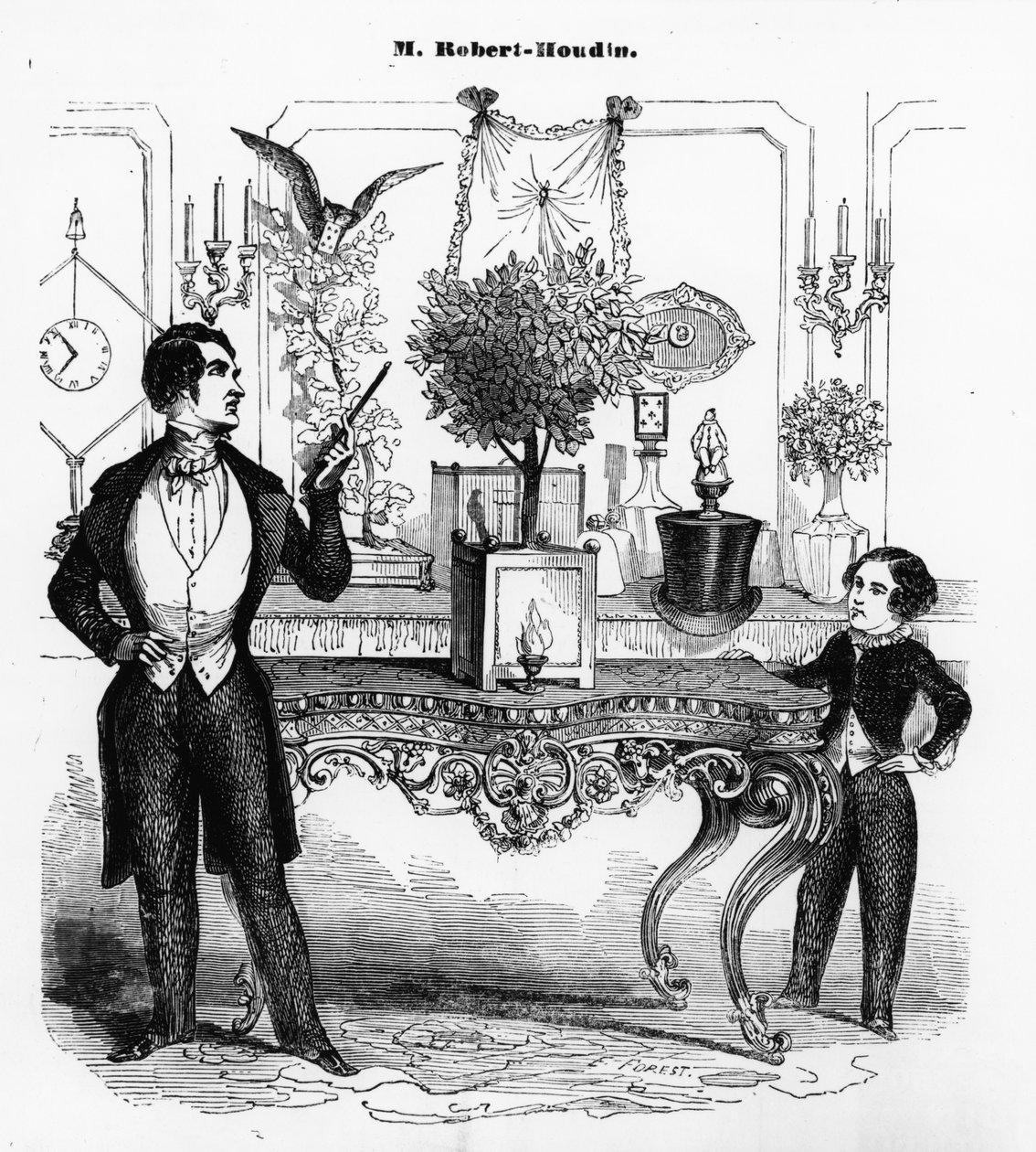 Jean Eugene Robert-Houdin (1805-71) legt een mechanisch speelgoed uit door Eugene Hippolyte Forest