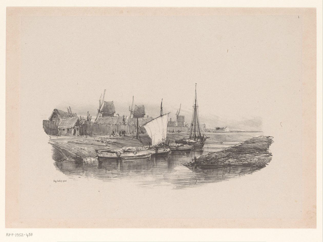 Haven met boten en windmolens door Eugene Isabey