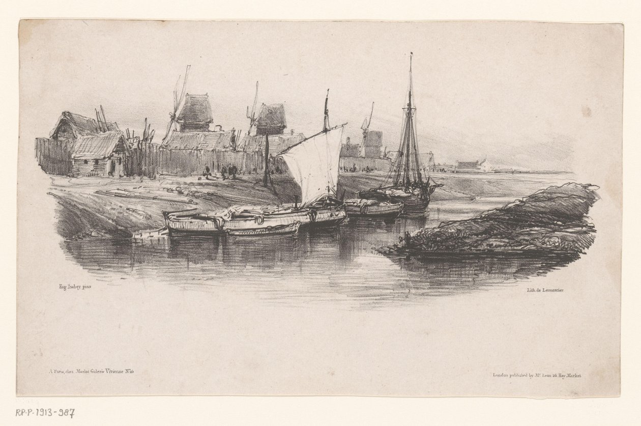 Haven met boten en windmolens door Eugene Isabey