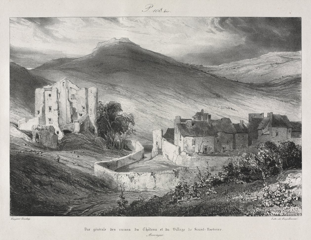 Pittoreske en romantische reizen in het oude Frankrijk, Auvergne: Ruïnes van het kasteel en het dorp Saint Nectaire door Eugene Isabey