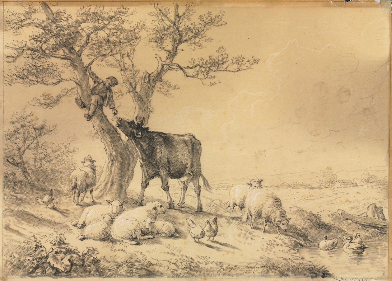 Landschap met Dieren en Jongen in Boom door Eugene Joseph Verboeckhoven
