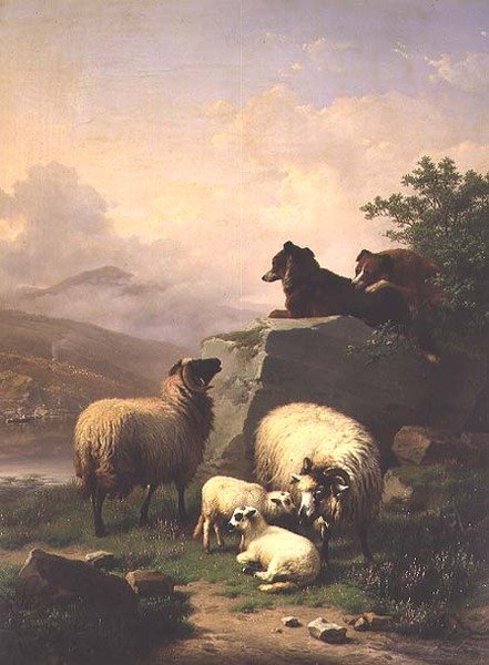 Schapen en lammeren met twee honden in een rivierlandschap door Eugene Joseph Verboeckhoven