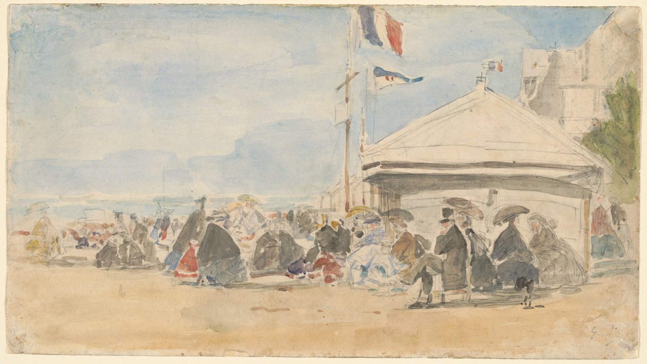 Strandhuis met vlaggen in Trouville, ca. 1865 door Eugene Louis Boudin