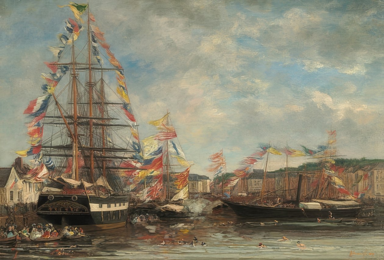 Feestdag in de haven van Honfleur. 1858 door Eugene Louis Boudin