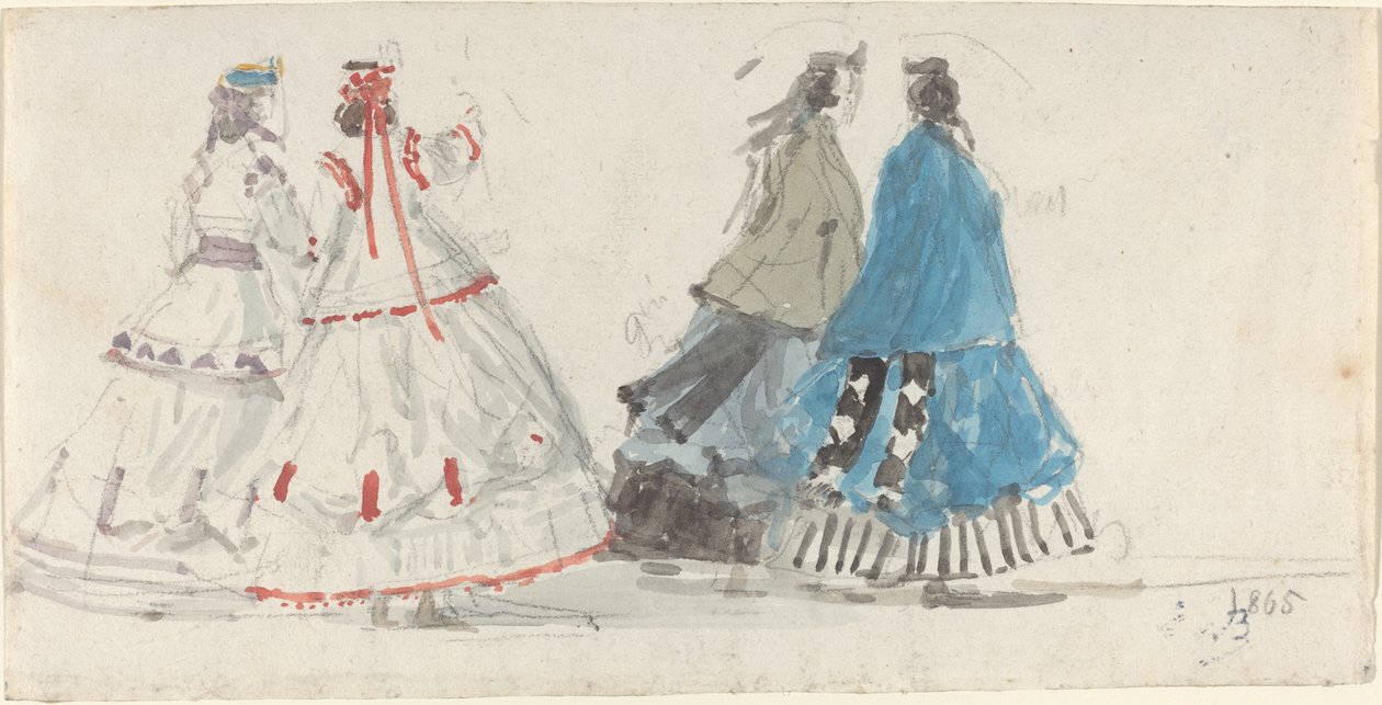 Vier dames in crinolines wandelen in Trouville door Eugene Louis Boudin
