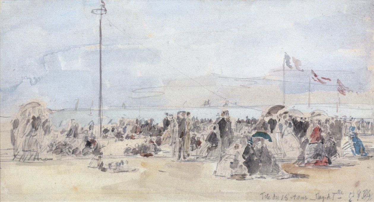 Mensen op het strand, Trouville door Eugene Louis Boudin