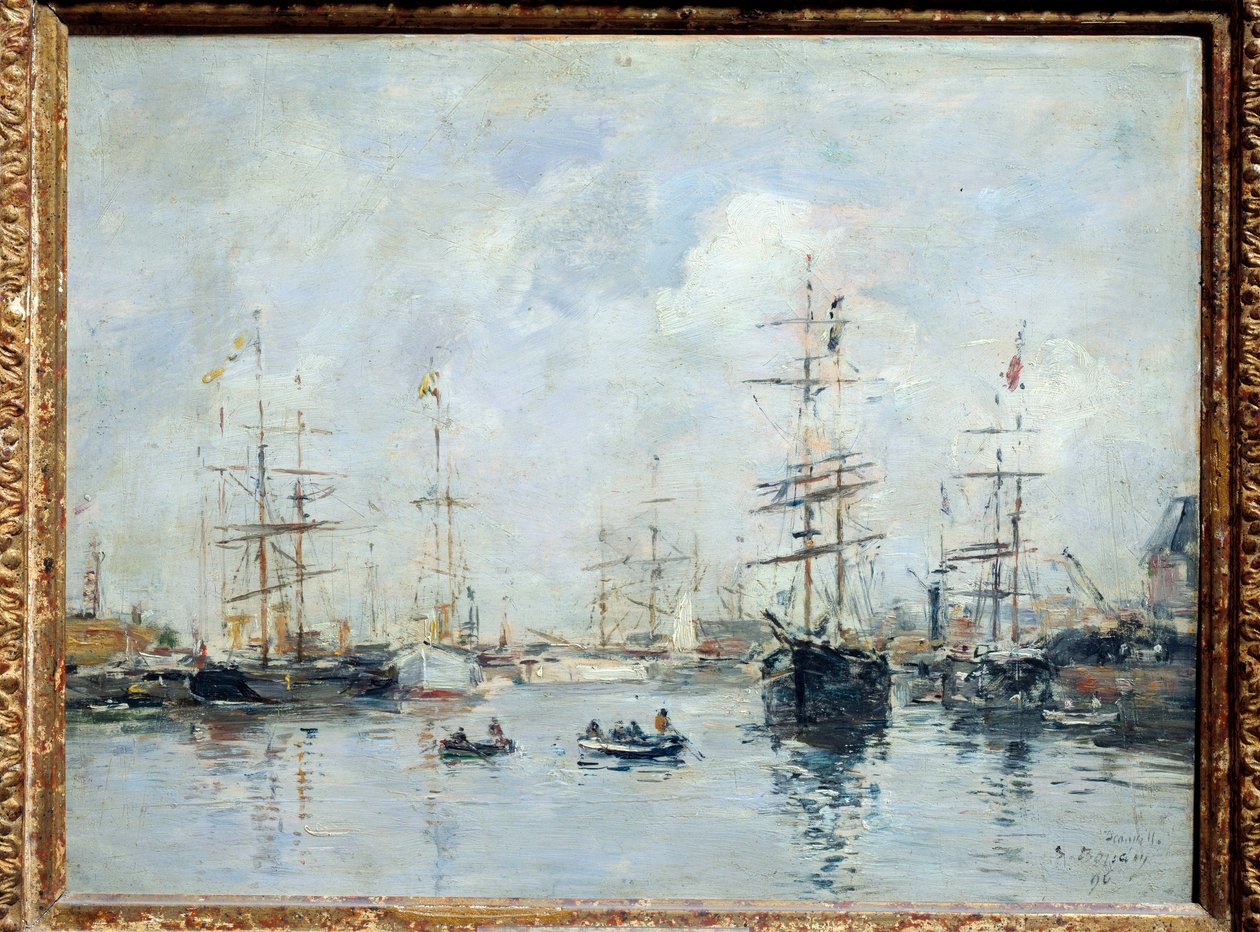 Zeilboten in de haven, Deauville in 1896 door Eugene Louis Boudin