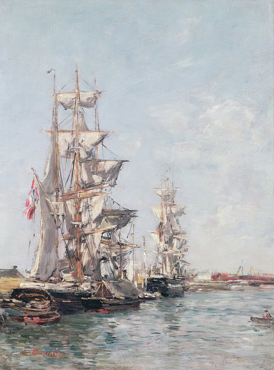 Driemasterboten aan de kade in de haven van Deauville door Eugene Louis Boudin