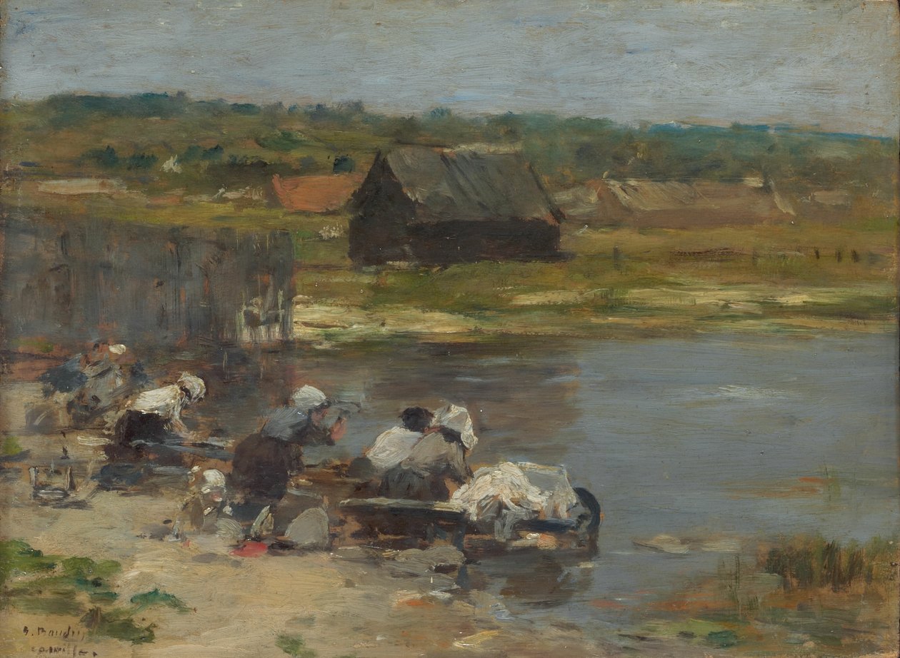 Wasvrouwen aan de rand van de vijver door Eugene Louis Boudin