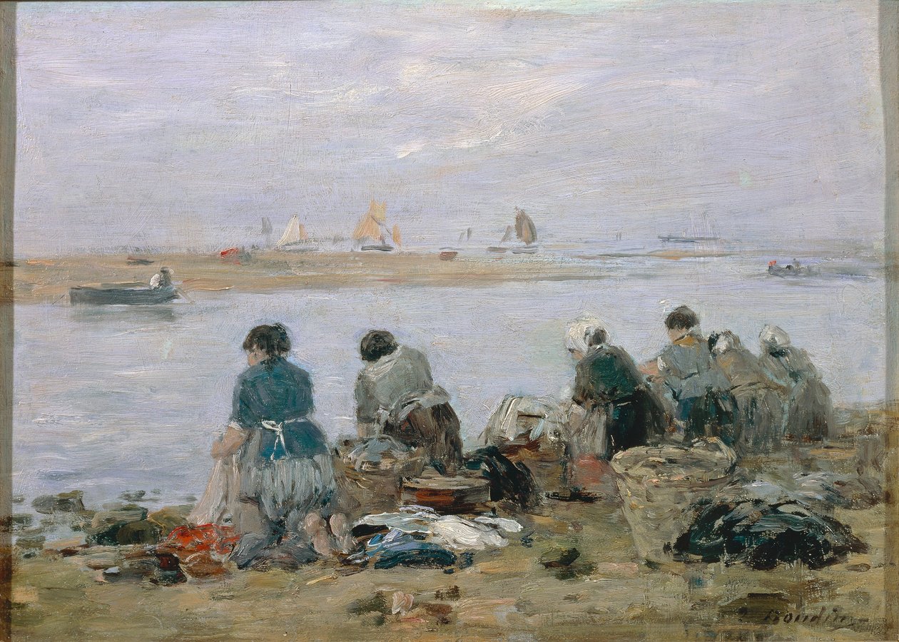 Wasvrouwen aan de oevers van de Touques bij Trouville door Eugene Louis Boudin
