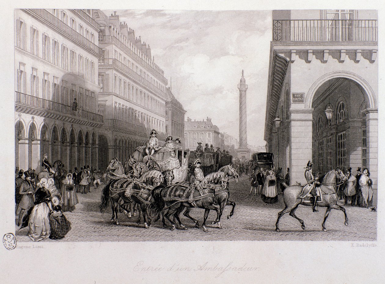 Stoet van een ambassadeur op de Place de la Bourse bij zijn aankomst in Parijs. Gravure door Eugene Louis Lami (1800-1890) 1843 Privécollectie door Eugene Louis Lami