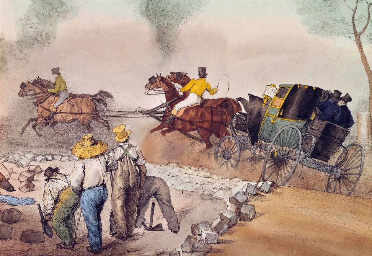 Stofpassanten Werknemers die de straten aan het bestraten zijn. Lithografie door Eugene Louis Lami (1800-1890) 19e eeuw Parijs, Musee Carnavalet door Eugene Louis Lami