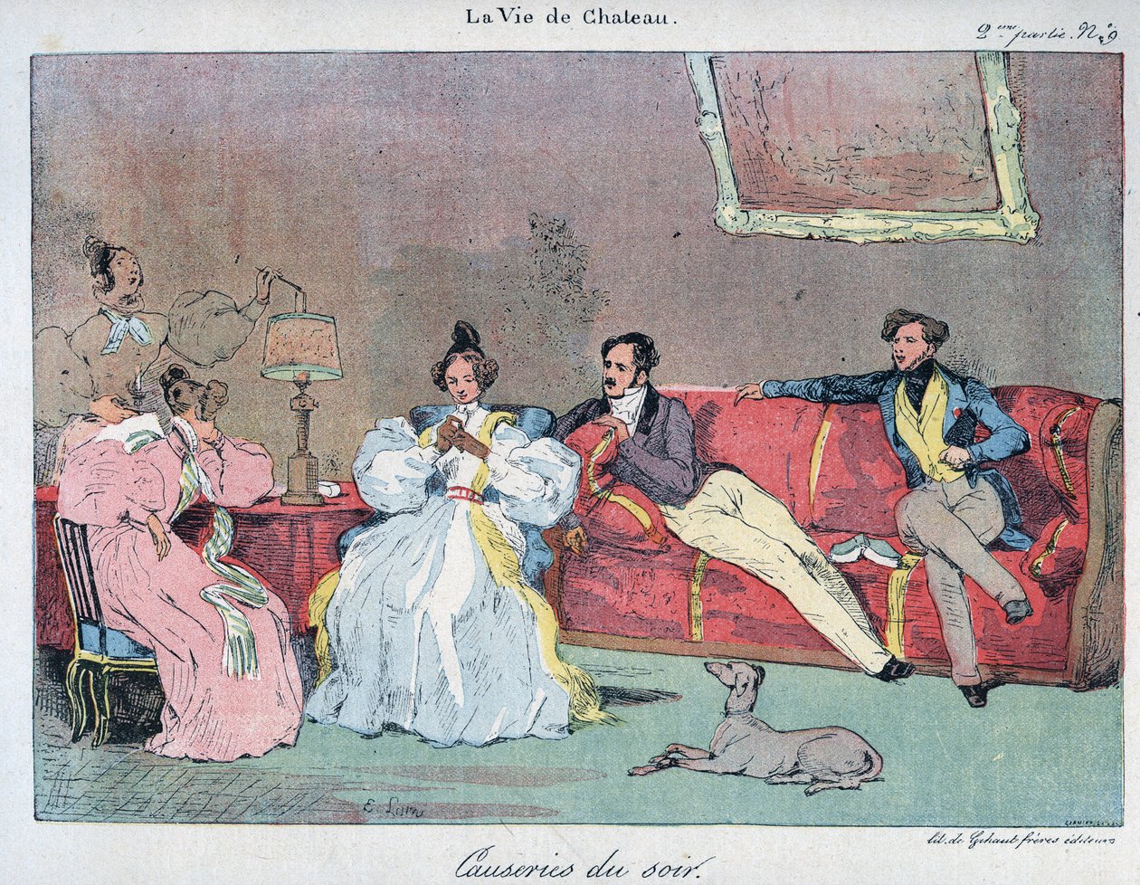 Het kasteelleven - Avondgesprekken - Illustratie door Eugene Lami (1800-1890) In 