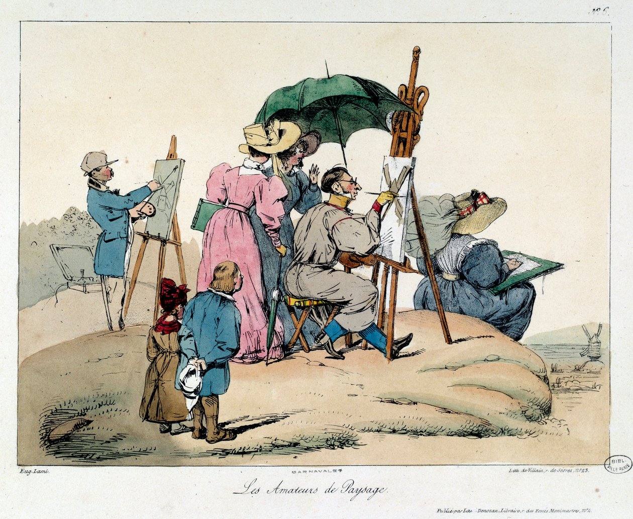 Landschapsliefhebbers. Gepresenteerde schilders verzamelen zich om een maritiem landschap te schilderen. Illustratie uit het boek La Vie de Château door Eugene Louis Lami
