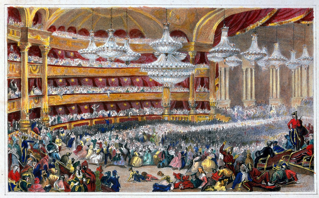 Gemaskerd bal in de Opera in de 19e eeuw - door Dolfino, naar Lami. door Eugene Louis Lami