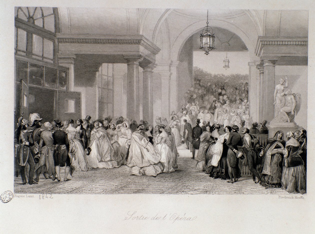 Het publiek verlaat de opera in Parijs. Gravure door Eugene Louis Lami (1800-1890) 1842 Privécollectie door Eugene Louis Lami