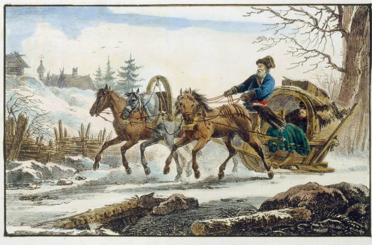 Het paardenslee met schuilplaats voor reizigers (Troika Kibitka). door Eugéne Pluchart