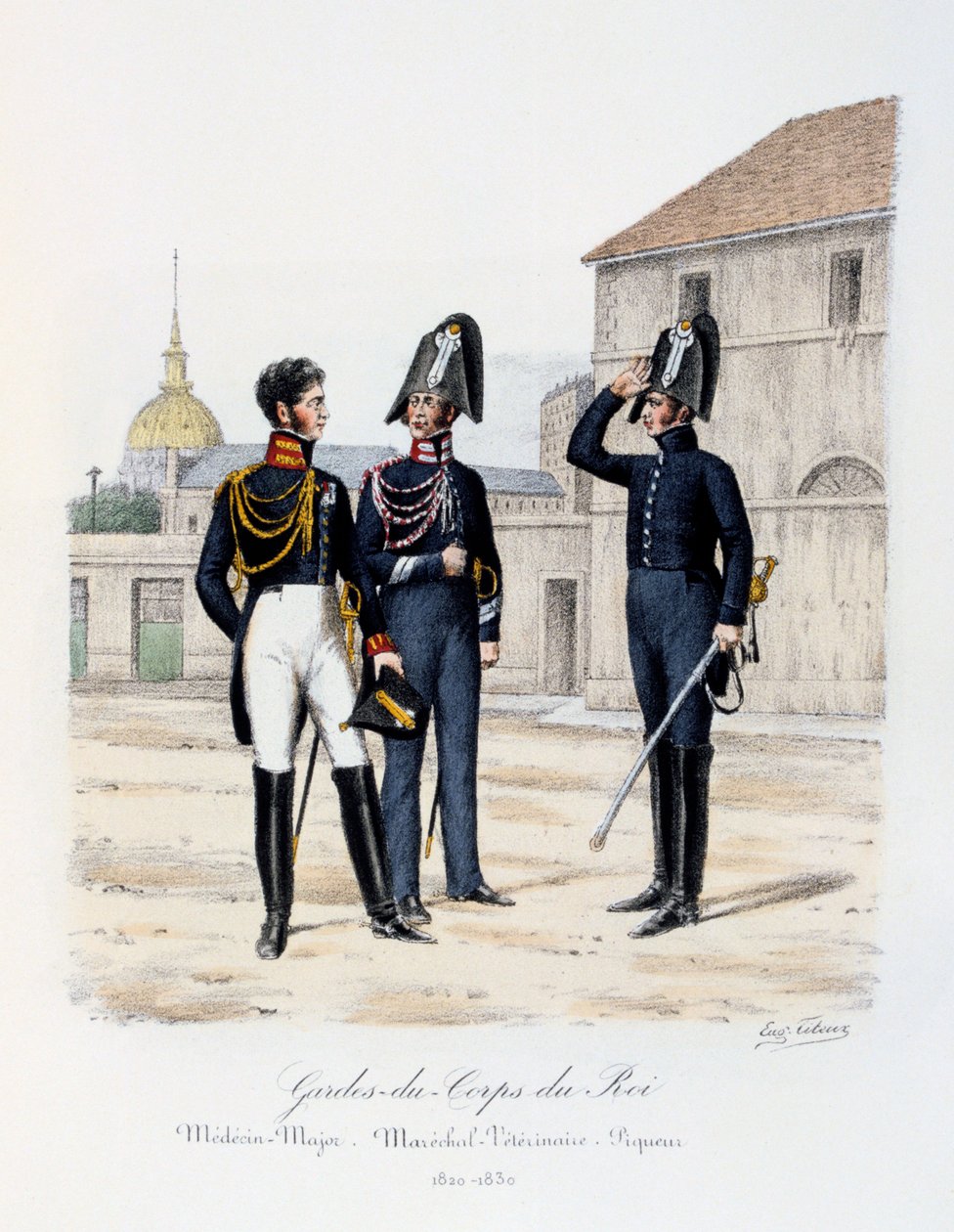 Gardes-du-Corps de Roi, Médecin-Major, Maréchal-Vétérinaire en Piqueur door Eugene Titeux