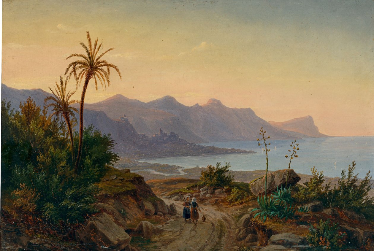 Eugen von Guérard - Zuidelijk kustlandschap met palmbomen, 1844 door Eugene von Guérard