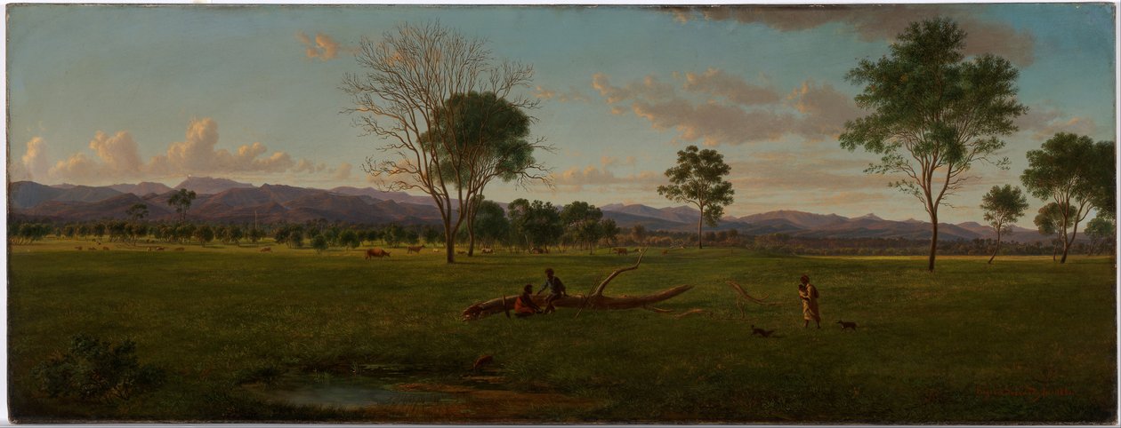 Uitzicht op de Gippsland Alpen, vanuit Bushy Park aan de rivier de Avon door Eugene von Guérard