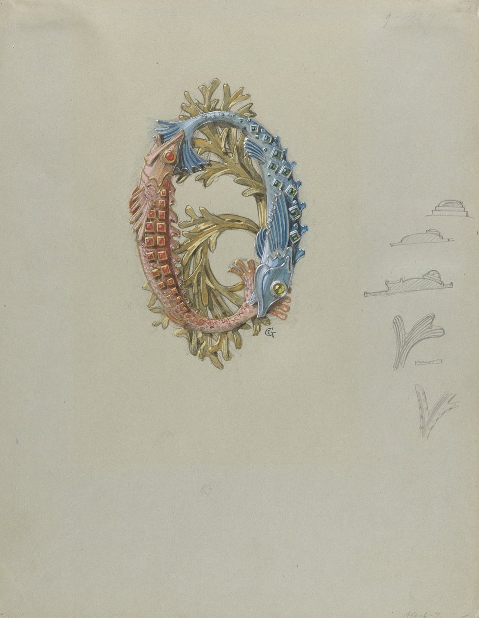 Ontwerp voor een riemgesp met twee vissen en zeewier door Eugene Grasset