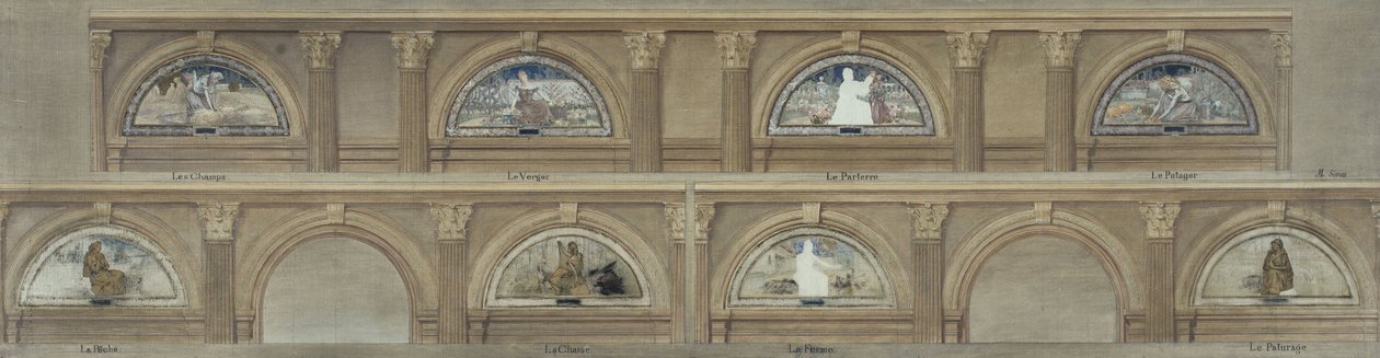 Schets voor de eetkamer van het Hôtel de Ville de Paris: De Velden. De Boomgaard. Het Bloemperk. De Moestuin. De Visserij. De Jacht. De Boerderij. De Weide, ca. 1891 door Eugène Martial Simas