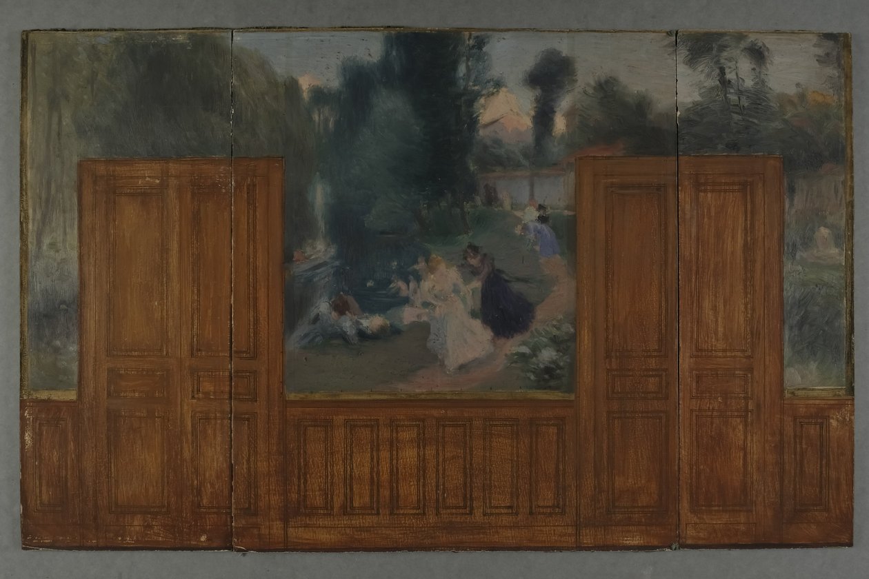 Schets voor het stadhuis van Créteil: Landschap - Oevers van de Marne gezien vanaf de brug van Ile Sainte-Catherine door Eugène Martial Simas