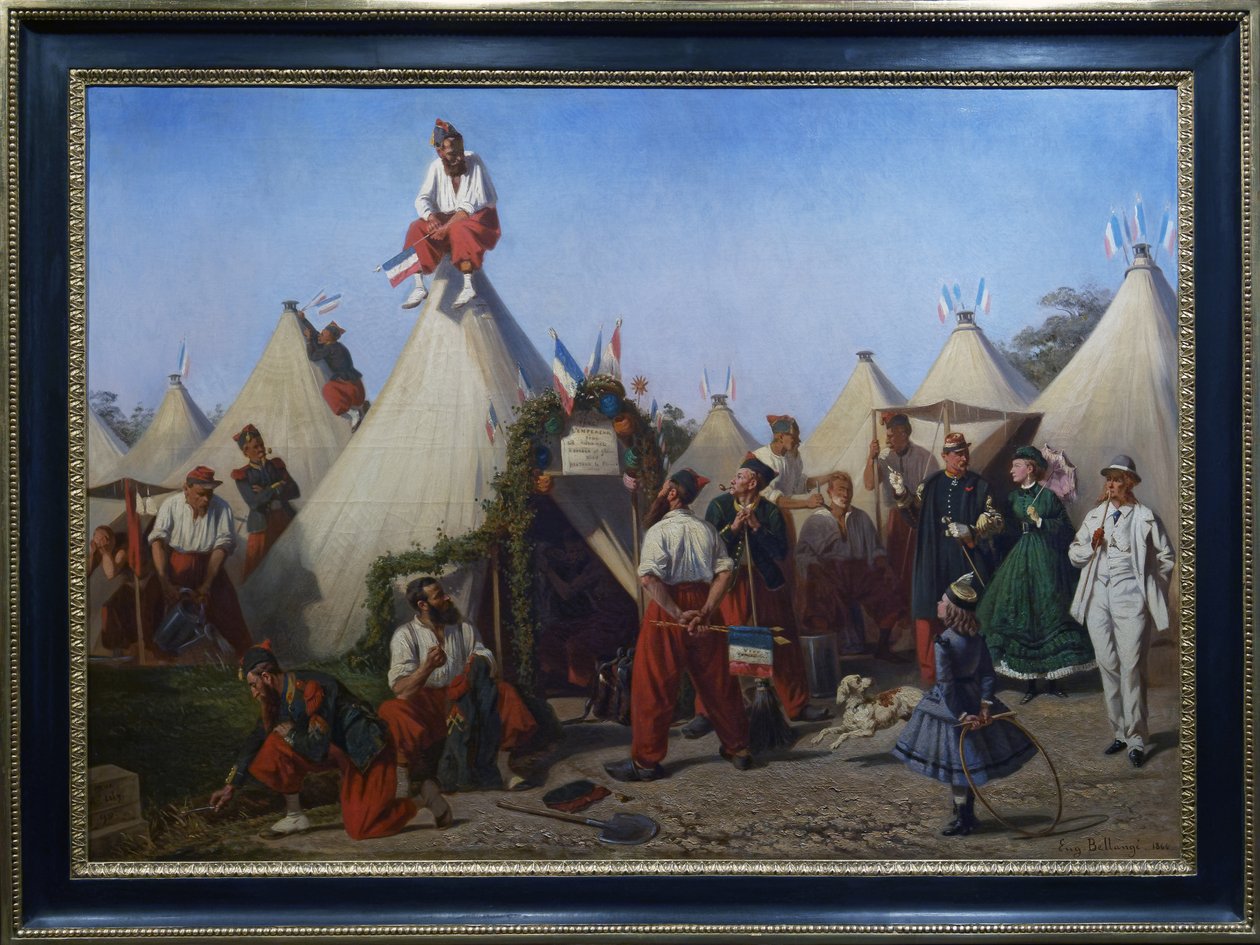 Infanteriesappeurs bereiden hun kantonnement voor op het feest van de Keizer door Eugène Bellange