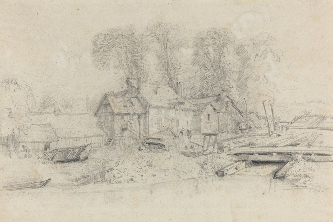 Rivierlandschap met gebouwen, boten en figuren door Eugène Boudin