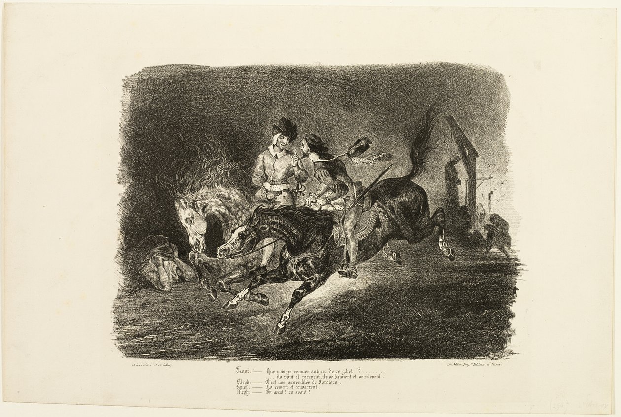 Faust en Mephistopheles galopperend door de nacht van de heksensabbat, uit Faust door Eugène Delacroix