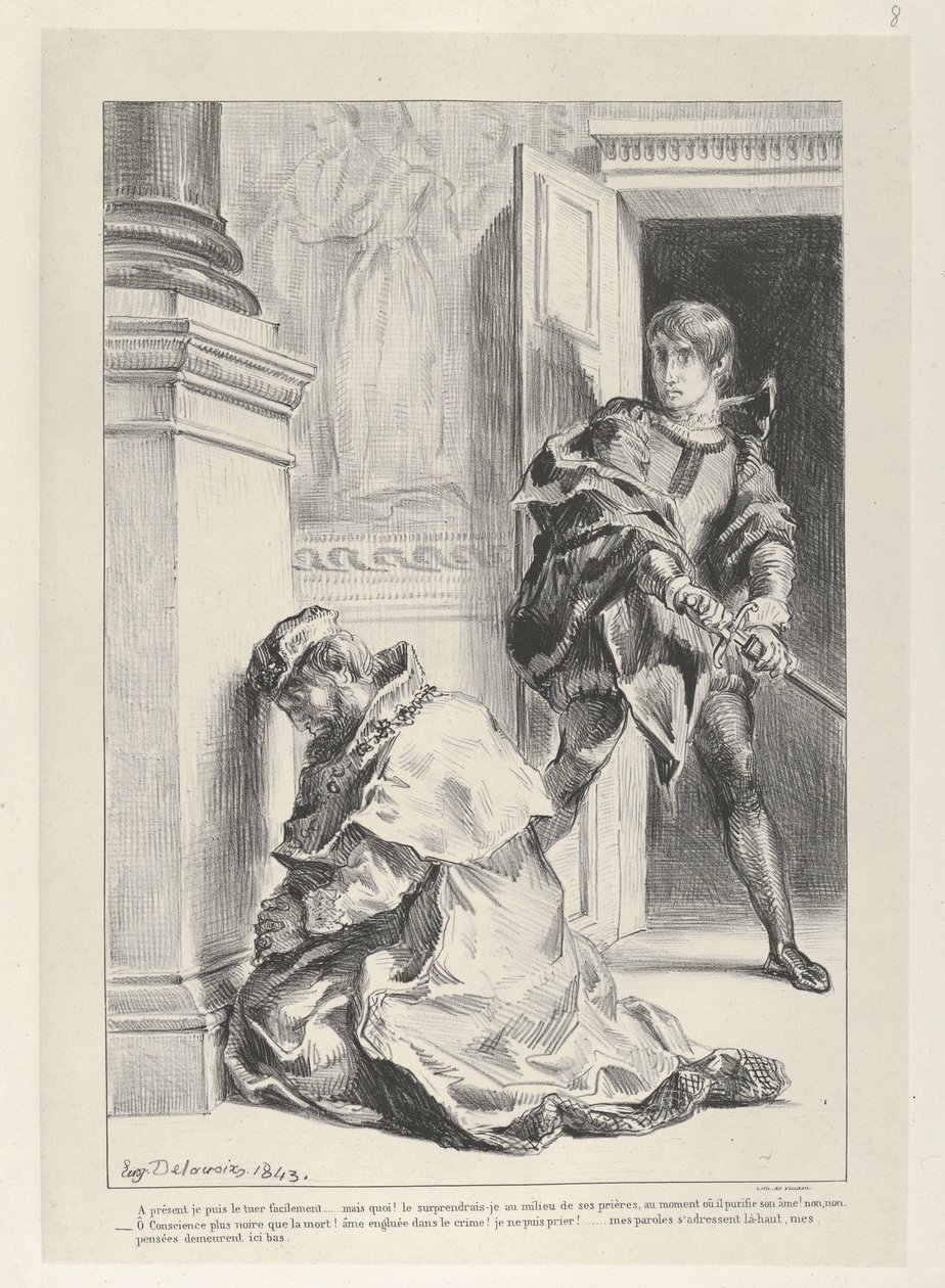 Hamlet probeert de koning te doden door Eugène Delacroix