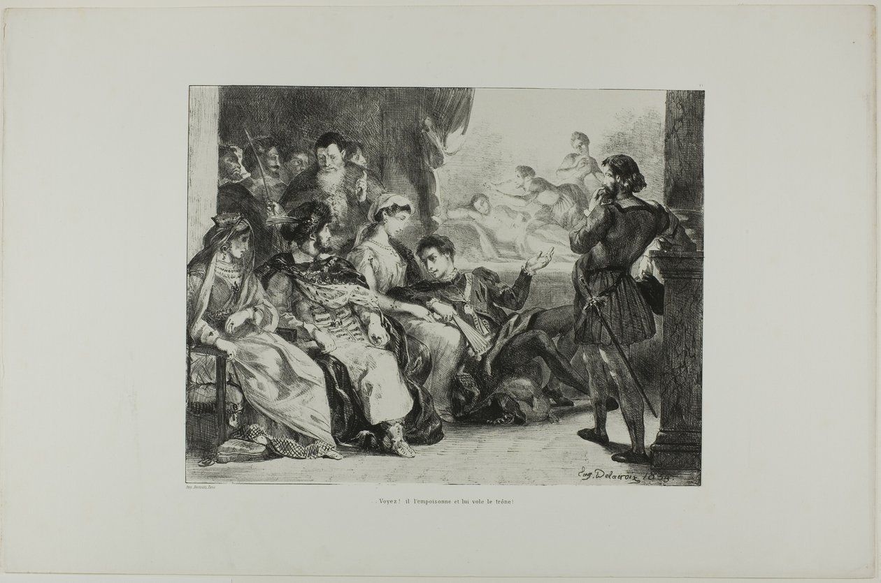 Hamlet laat de spelers de vergiftiging van zijn vader naspelen, plaat 7 uit Hamlet door Eugène Delacroix
