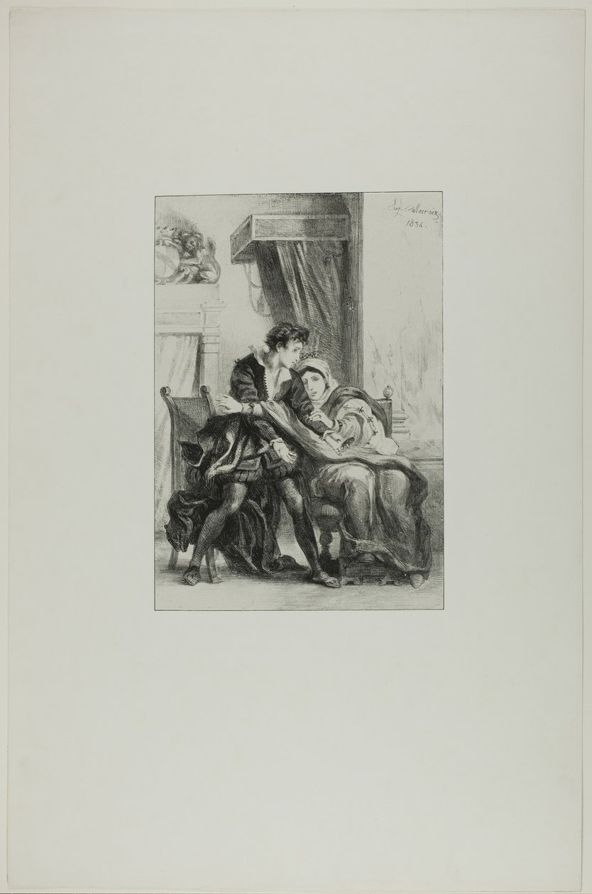 Hamlet en de koningin door Eugène Delacroix