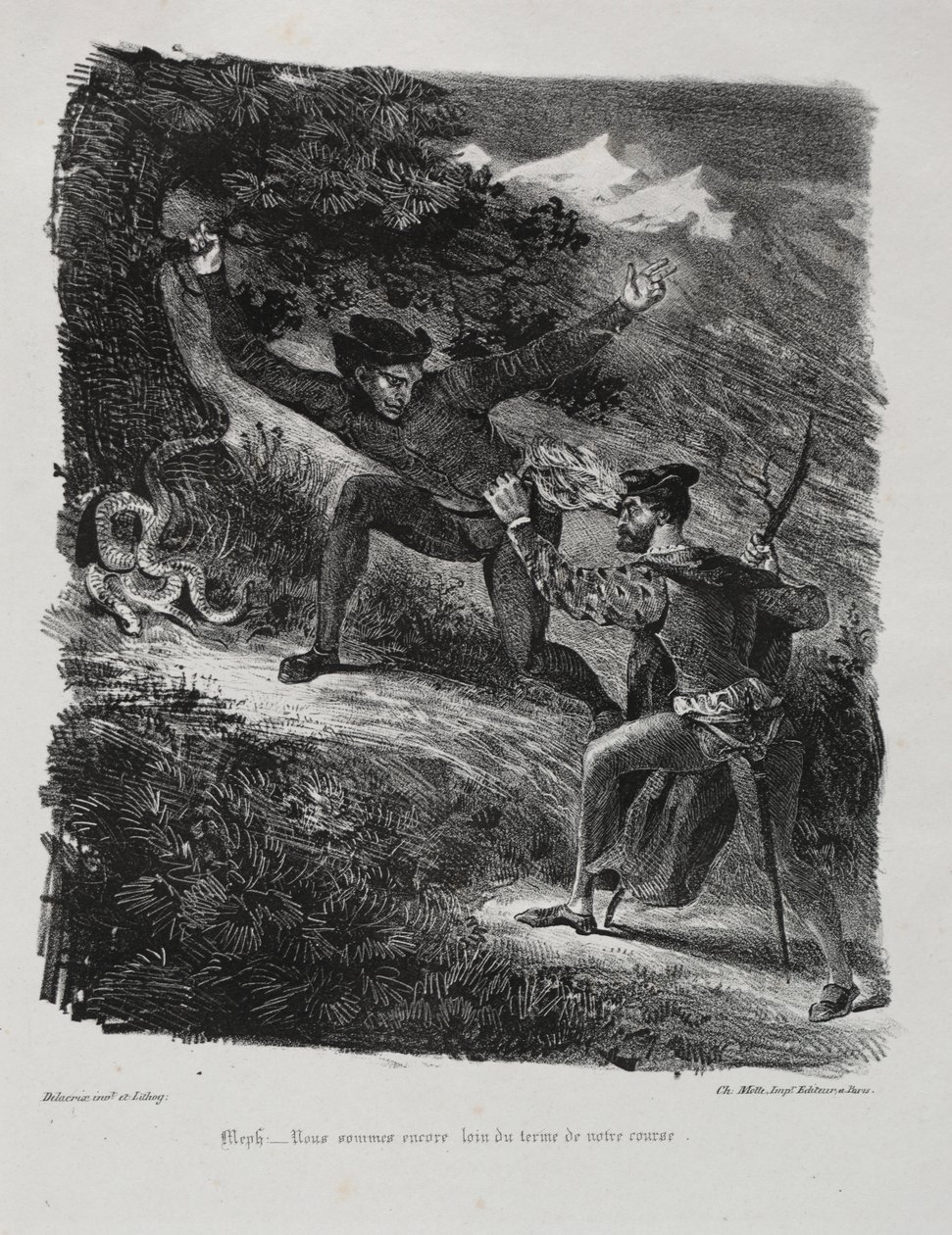 Illustraties voor Faust: Faust en Mefistofeles in de bergen van de Harz door Eugène Delacroix