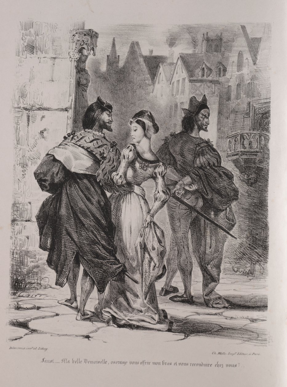 Illustraties voor Faust: Faust probeert Marguerite te verleiden door Eugène Delacroix