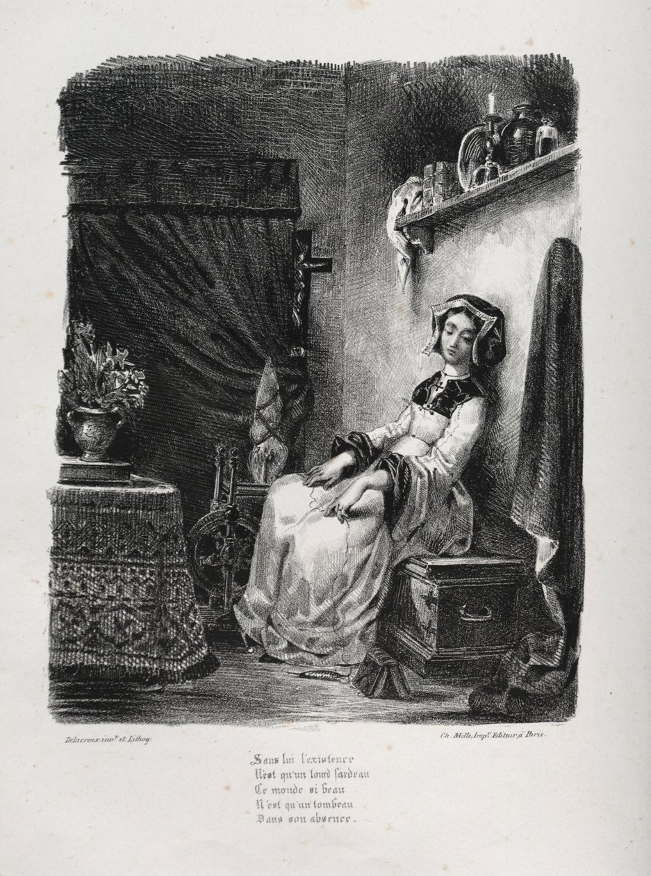 Illustraties voor Faust: Marguerite met het wiel door Eugène Delacroix